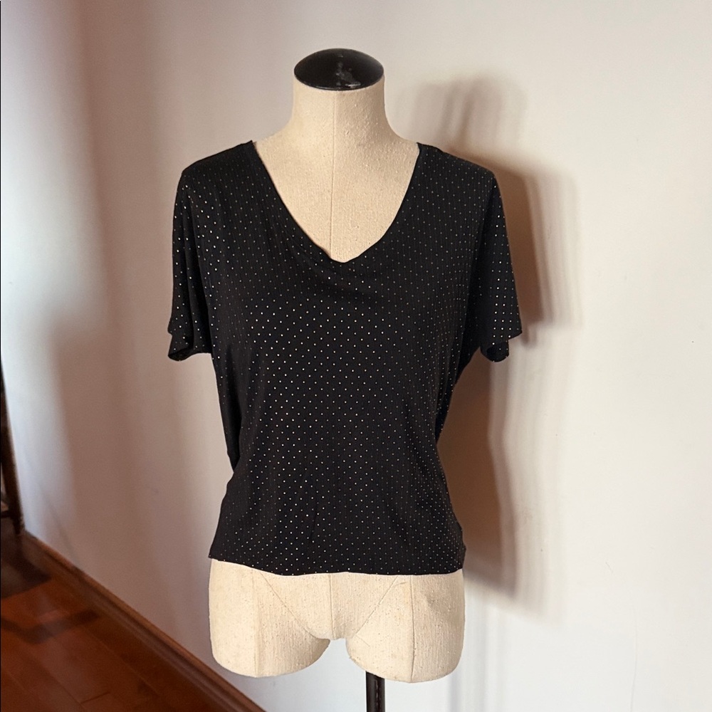 Women’s Black Small V-Neck Short Sleeve Top with Subtle gold Dots